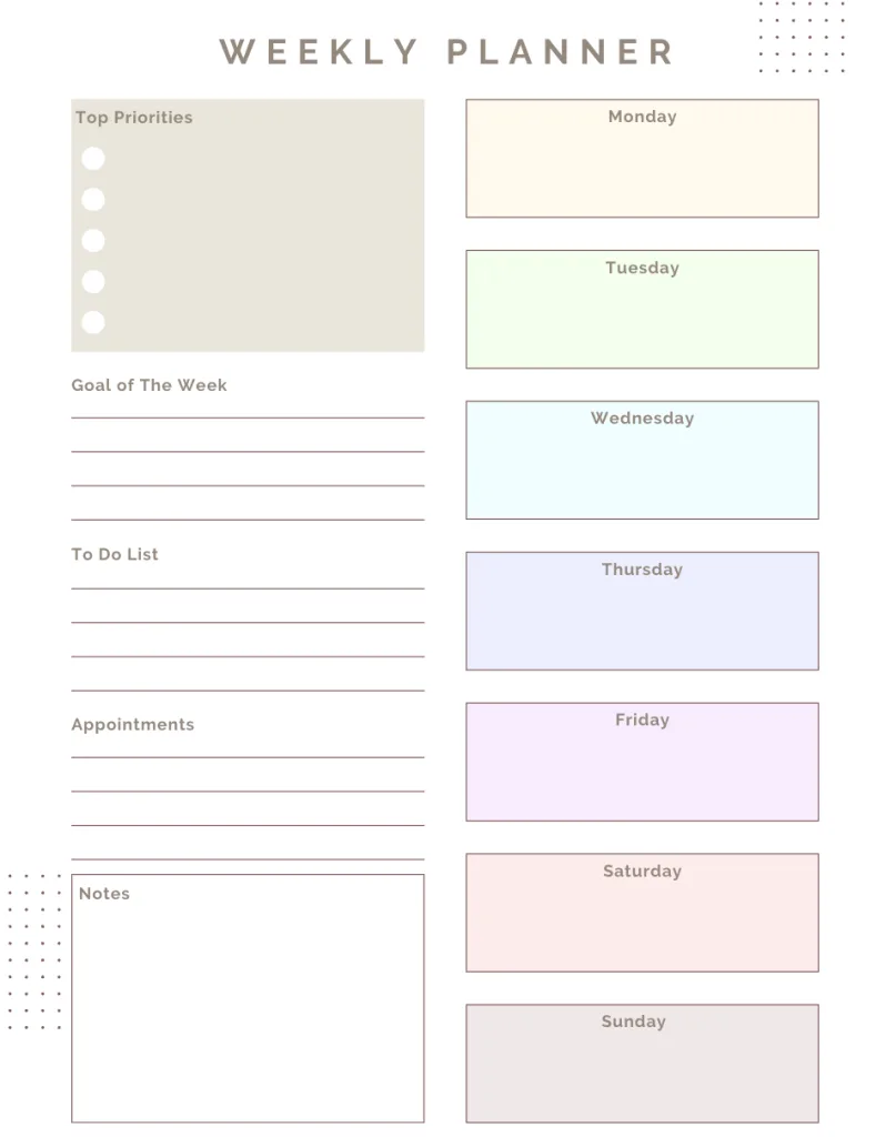 colorful 2025 weekly planner